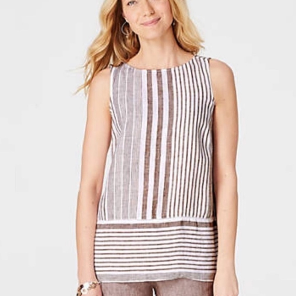 J Jill love linen lightweight boatneck striped sleeveless hip-length top, Size L